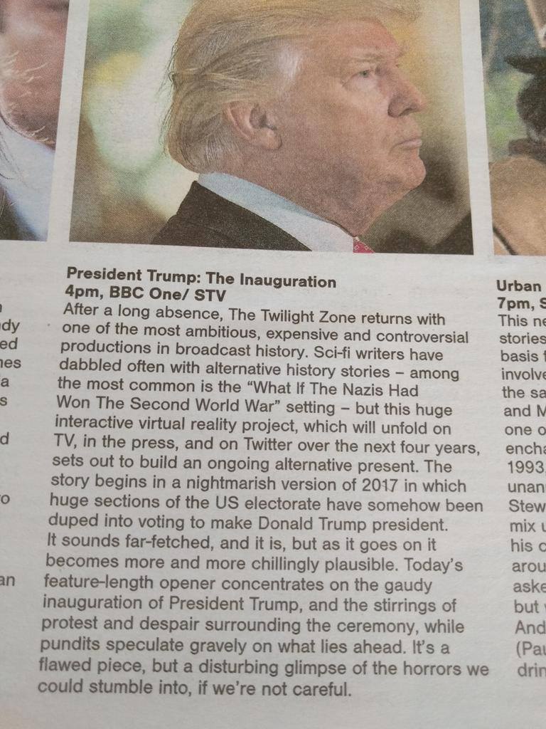 president trump the inauguration, scotland herald satirical article, 4pm bbc one