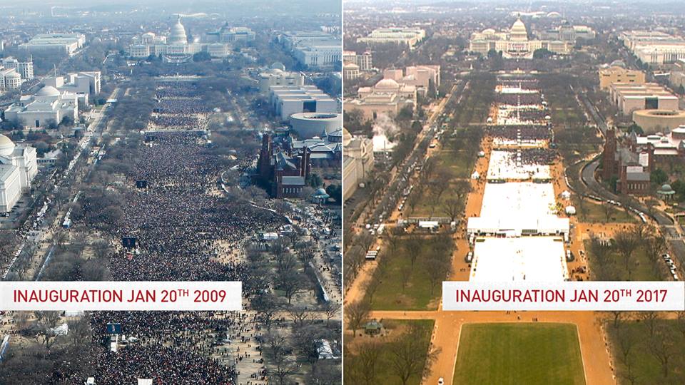 a side-by-side view of the crowds during president barack obama’s inauguration in 2009 and donald trump’s inauguration in 2017