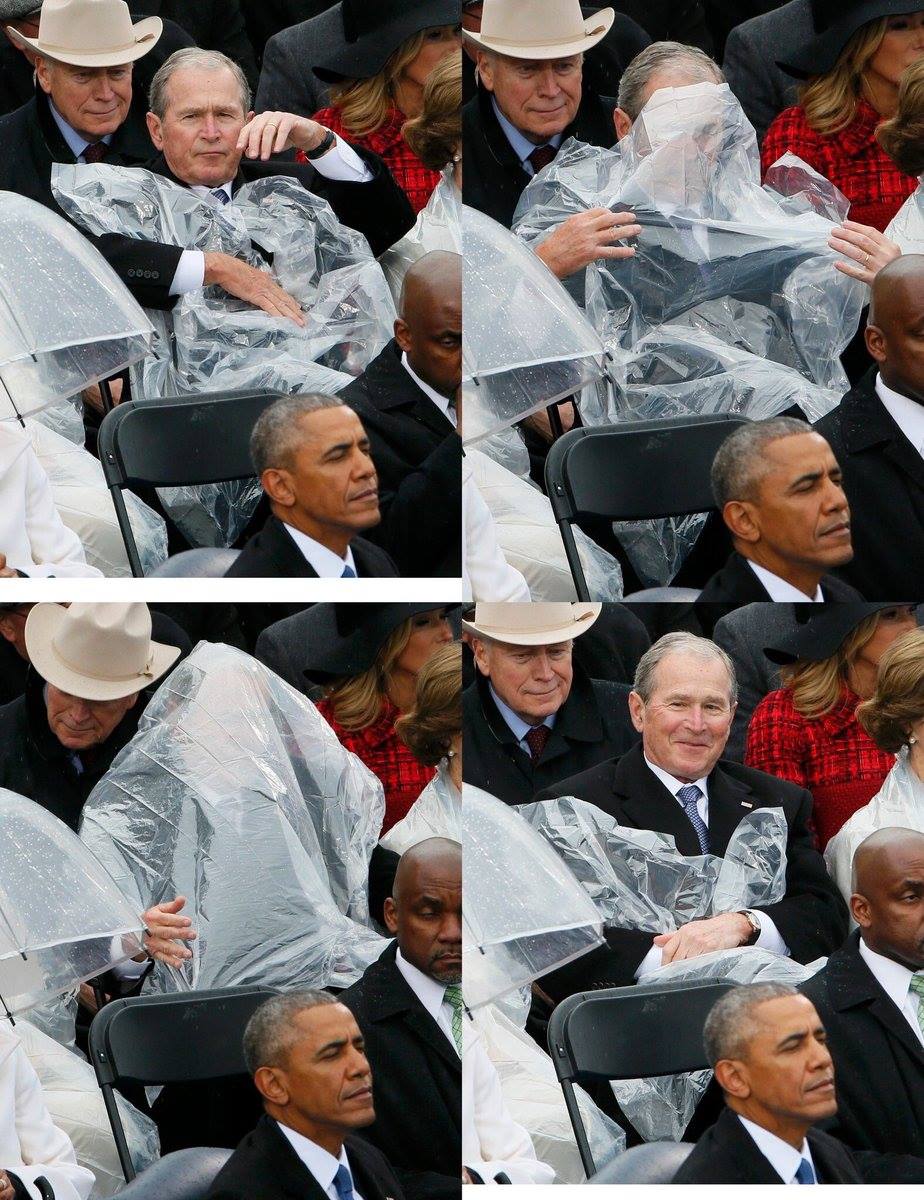 geode w bush having trouble with his rain gear at the inauguration