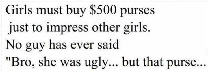 girls must buy $500 purses just to impress other girls,  no guy has ever said, bro she was ugly but that purse