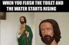 world of humans versus world of animals when you flush the toilet and the water starts rising, surprised jesus figurine