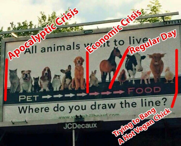 all animals want to live, apocalyptic crisis, economic crisis, regular day, trying to bang a hot vegan chick, where do you draw the line?