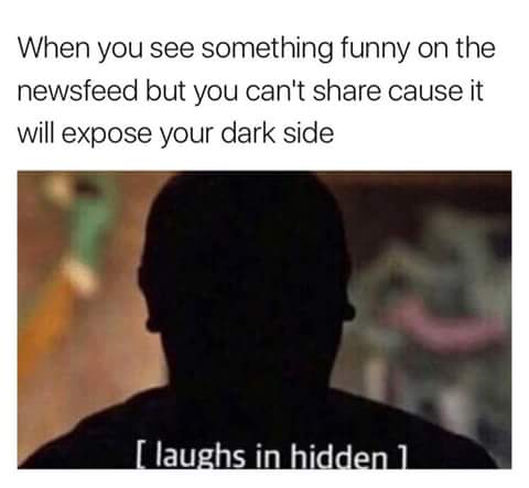when you see something funny in your newsfeed but you can't share it because it will expose your dark side, laughs in hidden