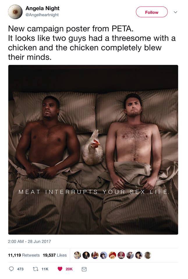 new campaign poster from peta, it looks like two guys had a threesome with a chicken and the chicken completely blew their minds, that's one big cock