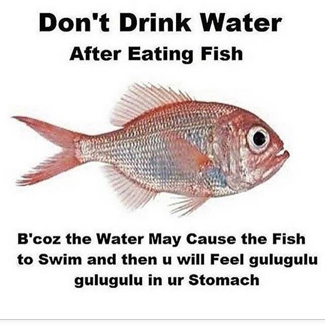 don't drink water after eating fish, because the water may cause the fish to swim and then you will gulugulu gulugulu in your stomach