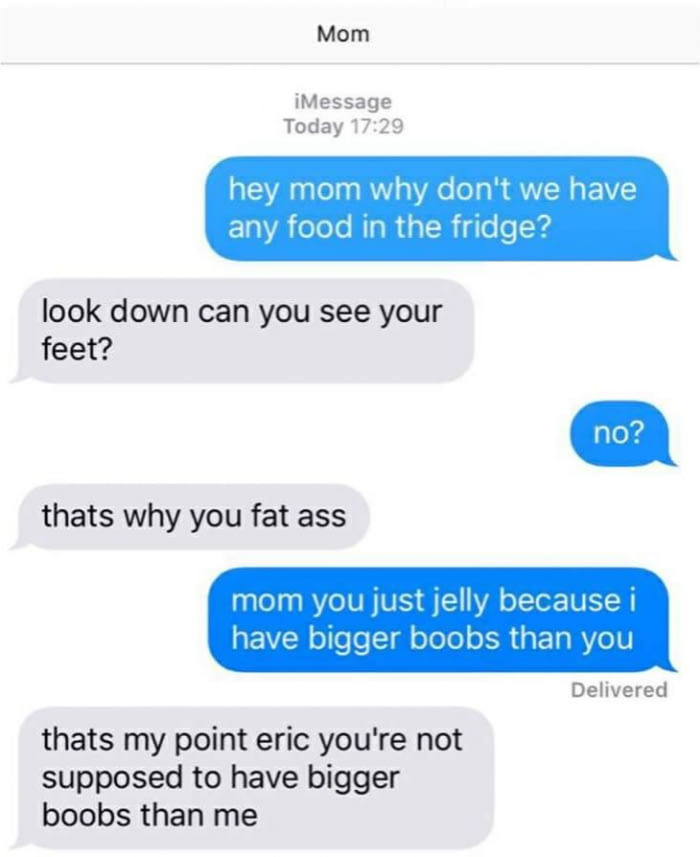 familial burn, hey mom why don't we have any food in the fridge?, look down can you see your feet?, no, that's why you fat ass, you're just jealous that i have bigger boobs than you