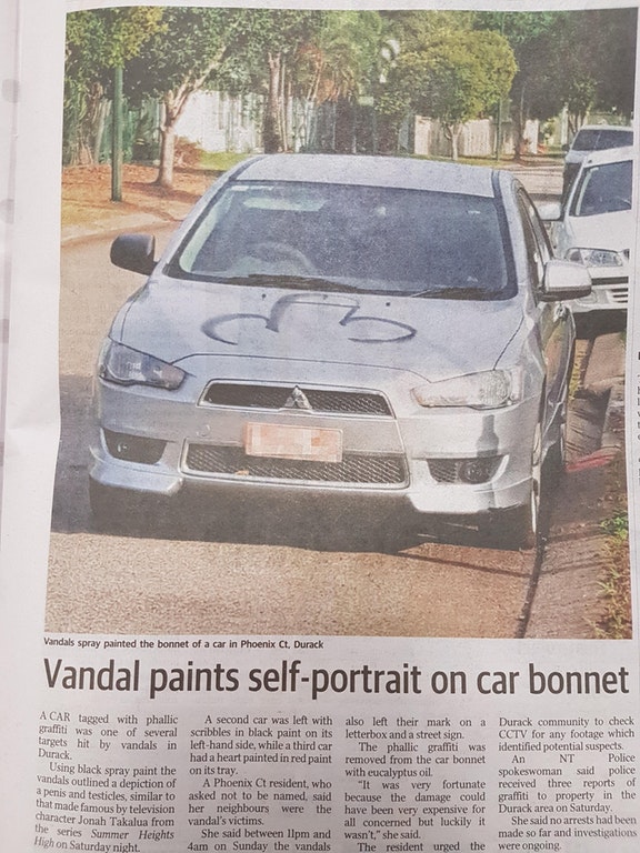 vandal paints self portrait on car bonnet