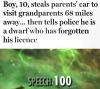 boy 10 steals parents' car to visit grandparents 68 miles away, then tells police he is a dwarf who has forgotten his licence, speech 100
