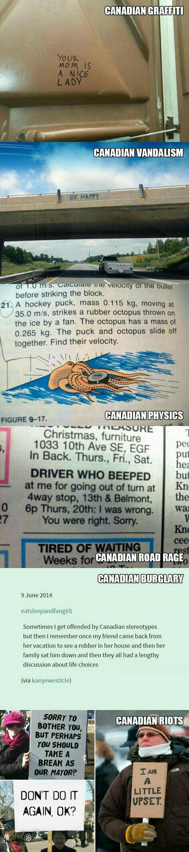 canadian graffiti, canadian vandalism, canadian physics, canadian road rage, canadian burglary, canadian riots
