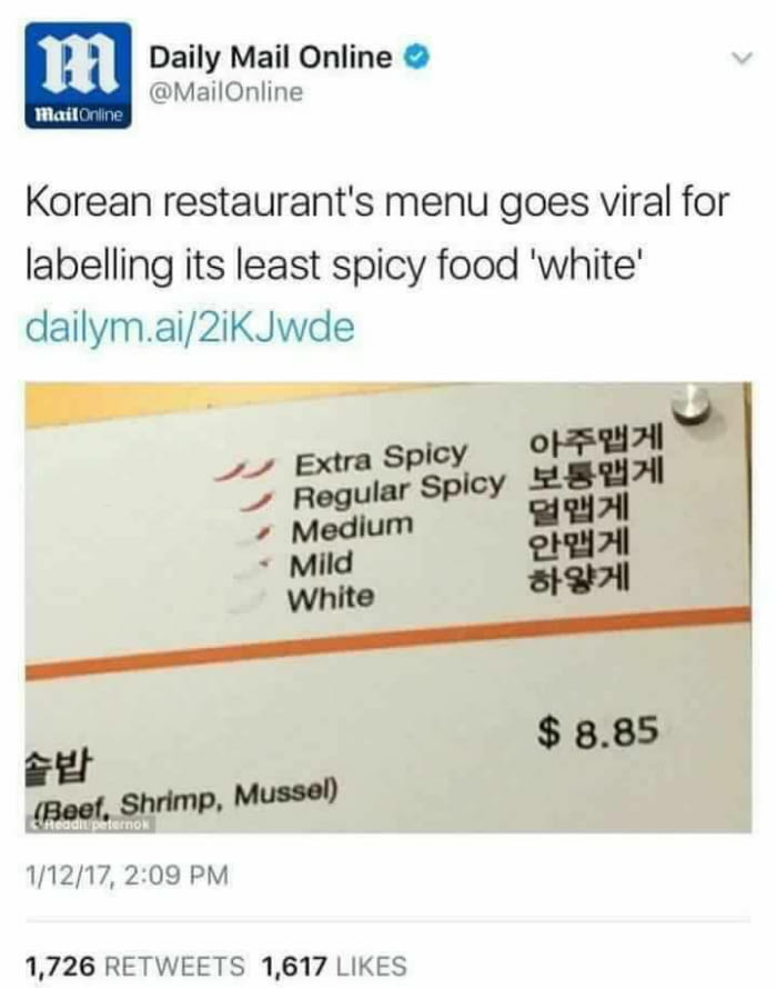 korean restaurant's menu goes viral for labelling its least spicy food white