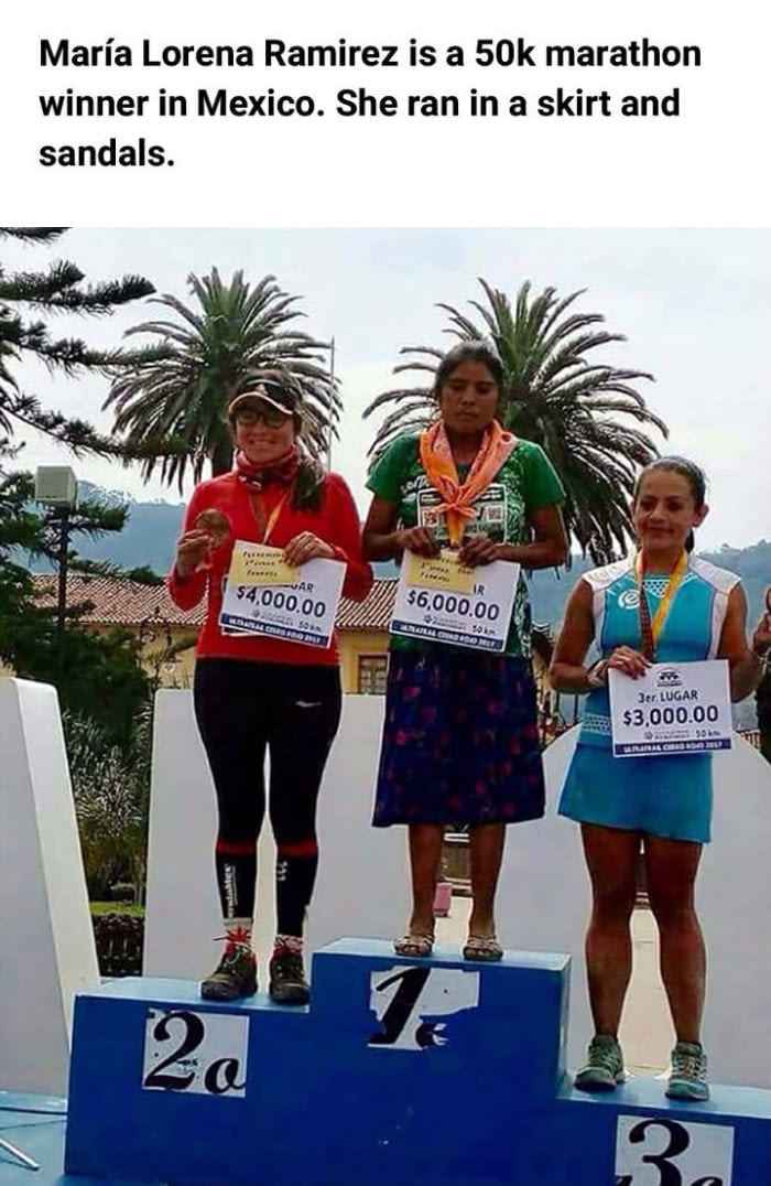 maria lorena retirez is a 50k marathon winner in mexico, she ran in a skirt and sandals