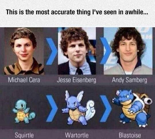 this is the most accurate thing i've seen in a while, michael sera, jesse eisenberg, andy samberg, squirtle, wartortle, blastoise