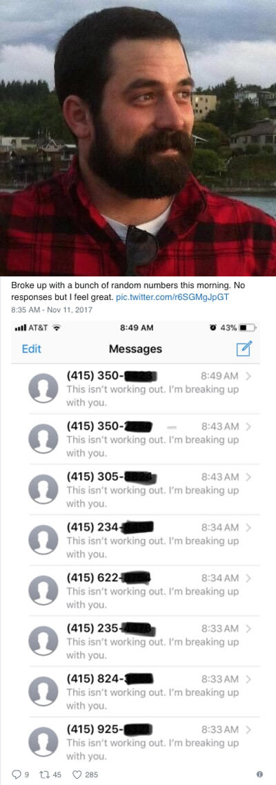 guy breaks up with random phone numbers via text and he gets amazing responses