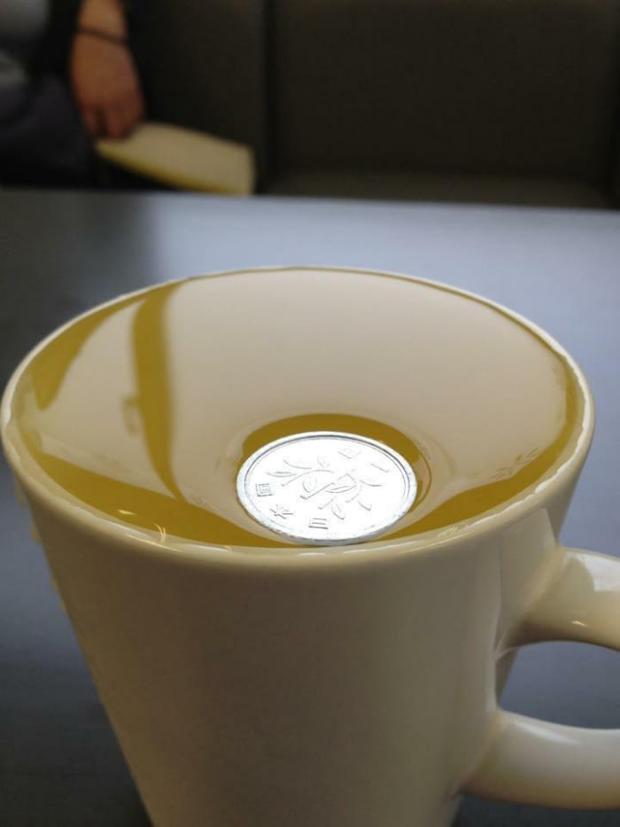 a japanese ¥1 coin is so light it won't even break surface tension on water