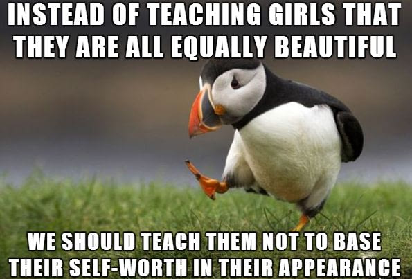instead of teaching girls that they are all equally beautiful, we should teach them not to base their self worth on their appearance, unpopular opinion puffin, meme
