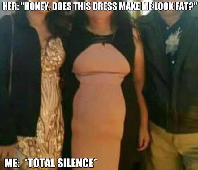 honey does this dress make me look fat?, total silence, dick dress