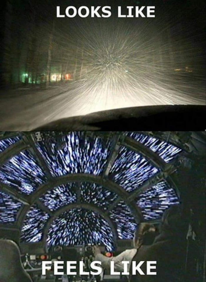 driving while it snows looks like, feels like faster than light travel