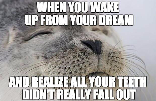 when you wake up from your dream, and realize all your teeth didn't really fall out, feels good seal, meme