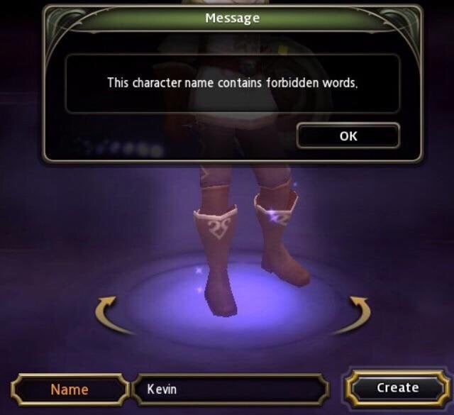 this character name contains forbidden words, kevin