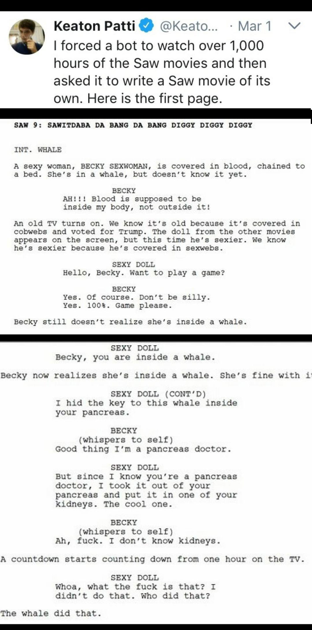i forced a bot to watch over 1000 hours of the saw movies and then asked it to write a saw movie of its own, here is the first page