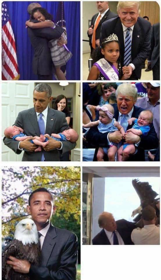 obama versus trump with children and animals