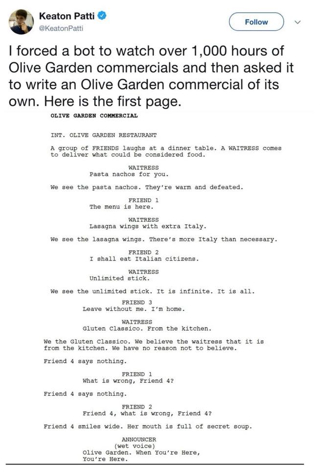 the olive garden commercial written by a tortured bot