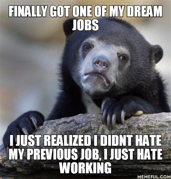 finally got one of my dream jobs, i just realized i didn't hate my previous job, i just hate working, confession bear, meme