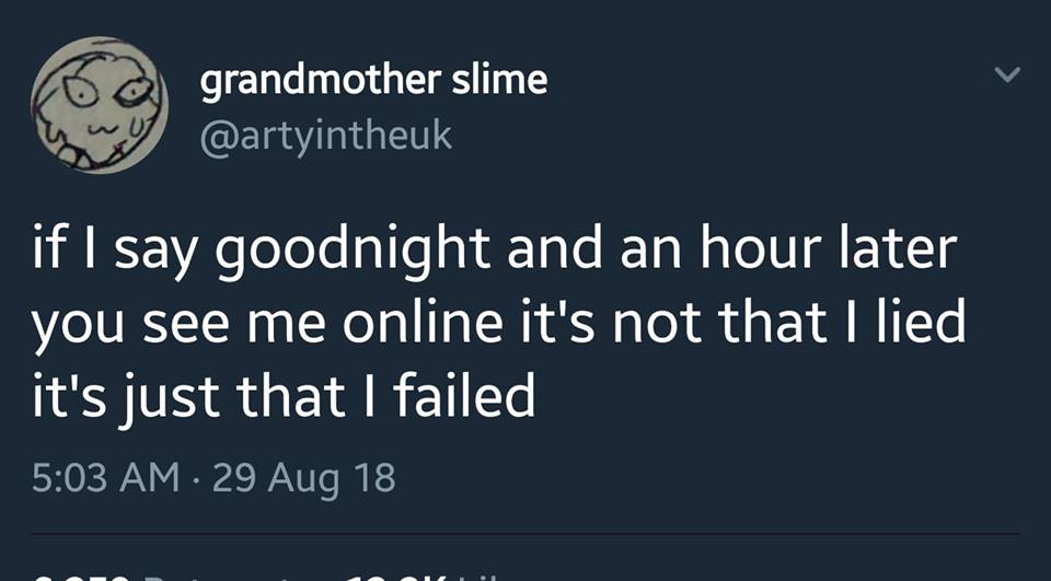 if i say goodnight and an hour later you see me online, it's not that i lied, it's just that i failed
