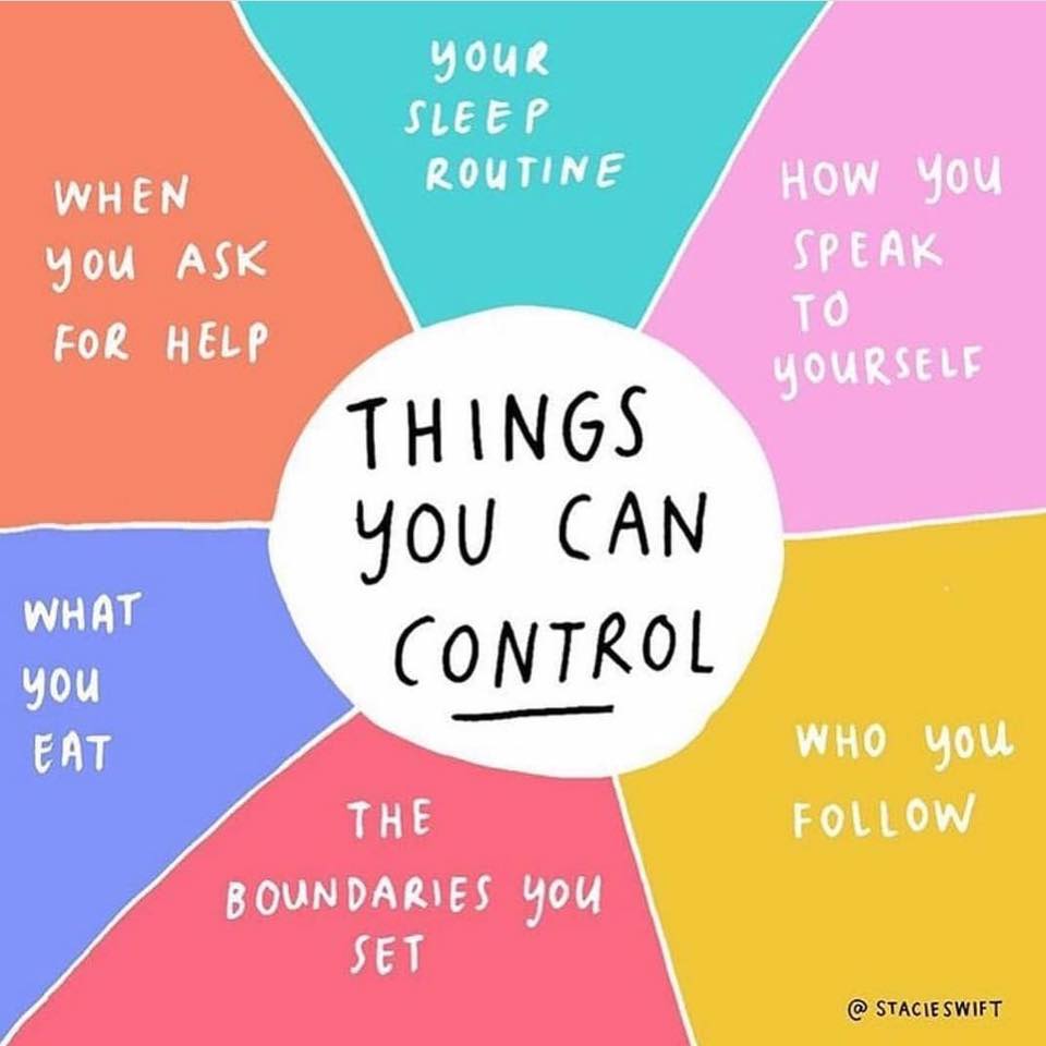things you can control, your sleep routine, how you speak to yourself, when you ask for help, what you eat, who you follow, the boundaries you set