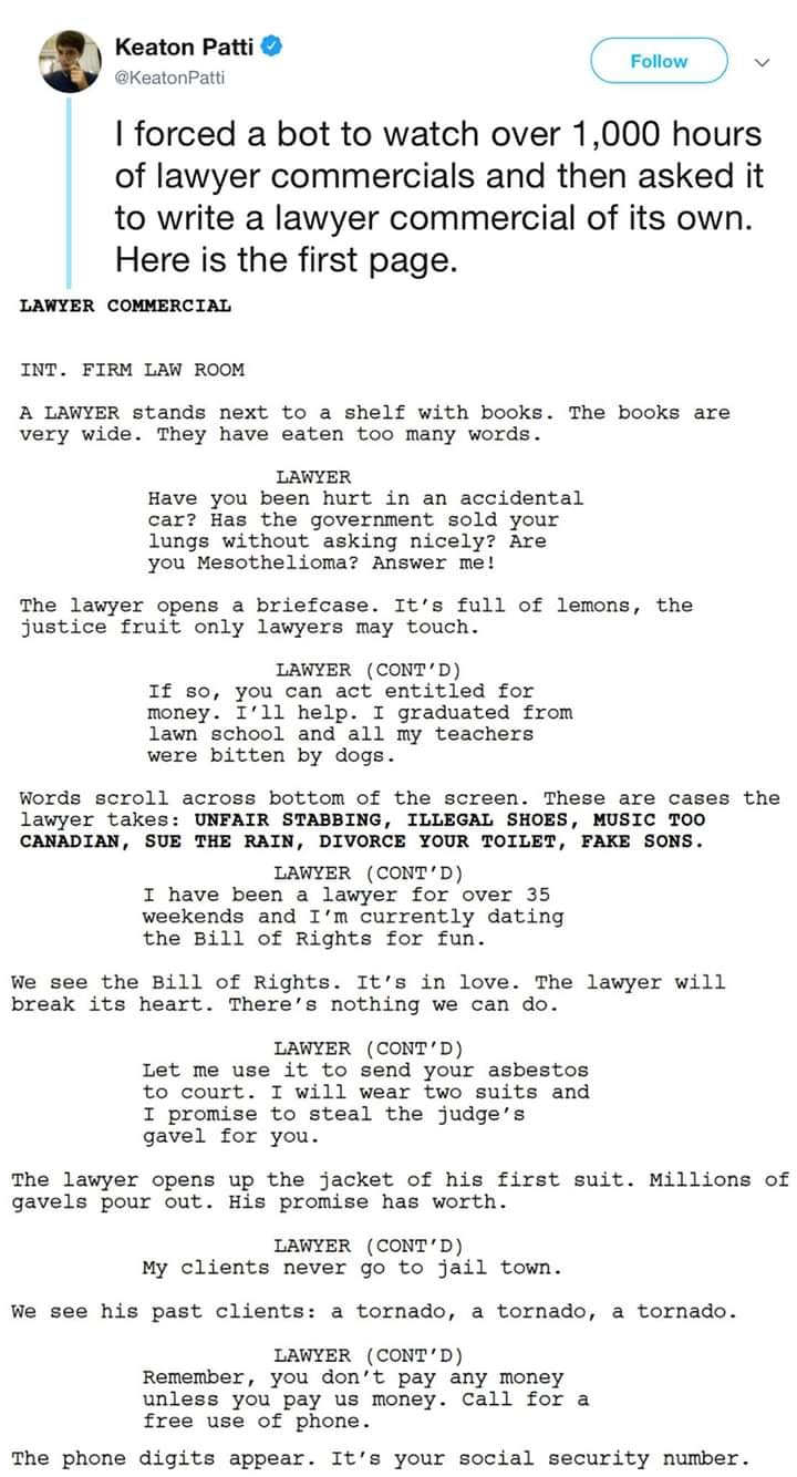 i forced a bot to watch over 1000 hours of lawyer commercials and asked it to write one of its own