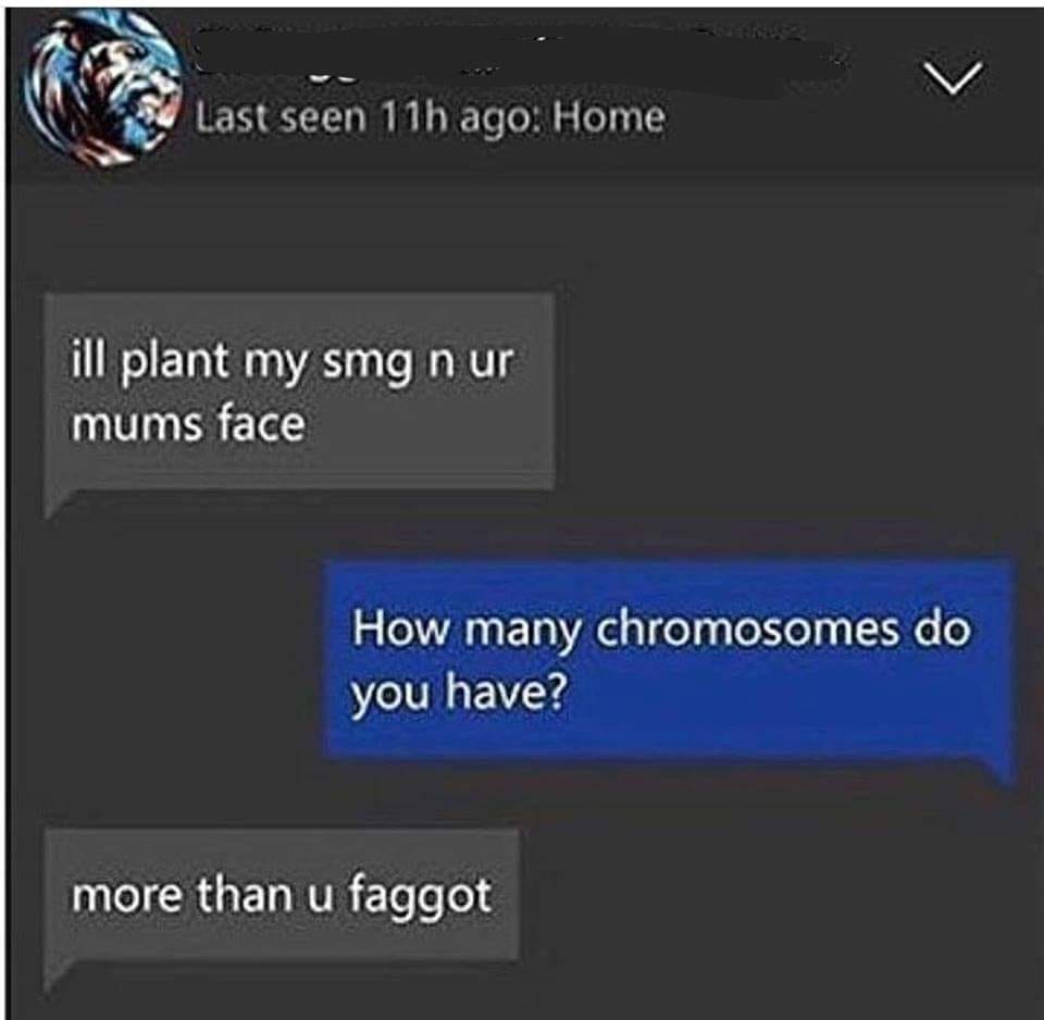 ill plant my smg n ur mums face, how many chromosomes do you have?, more than u faggot, self owned