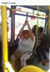 lady hangs arms from support strap on public transportation, and the internet goes into action