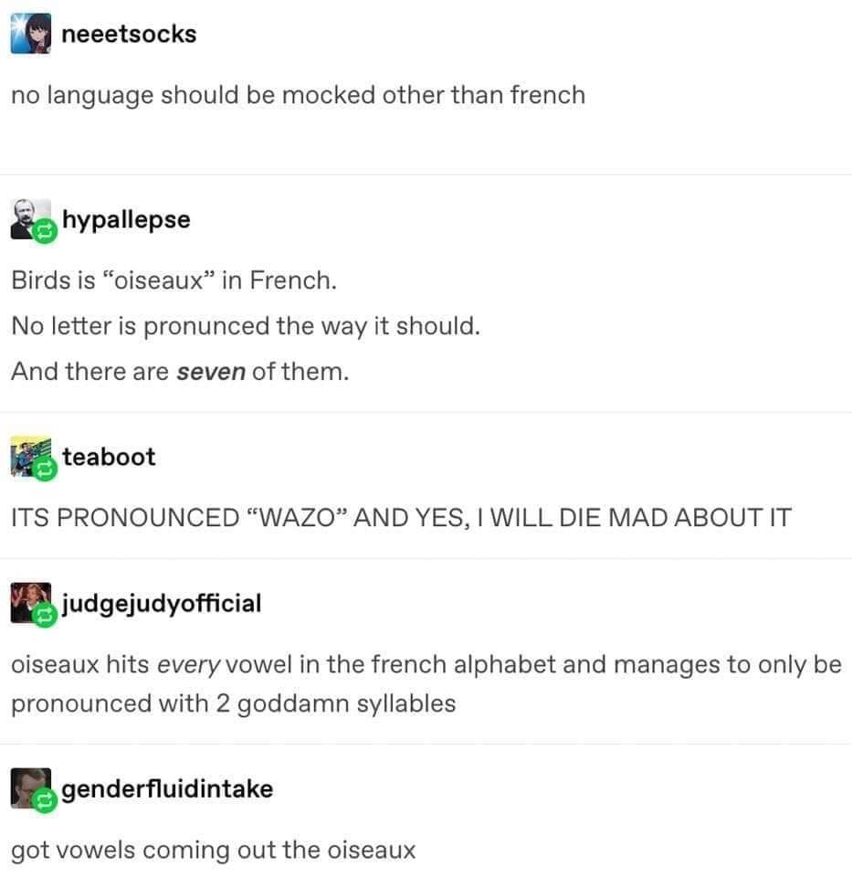 no language should be mocked other than french, birds is oiseaux in french, no letter is pronounced the way it should, and there are seven of them