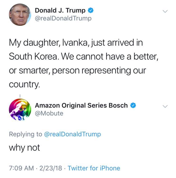 my daughter ivanka just arrived in south korea, we cannot have a better or smarter person representing our country, why not?