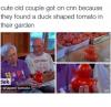 cut old couple got on can because they found a duck shaped tomato in their garden