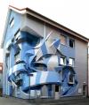 abstract geometry street art, twisted 3d building optical illusion