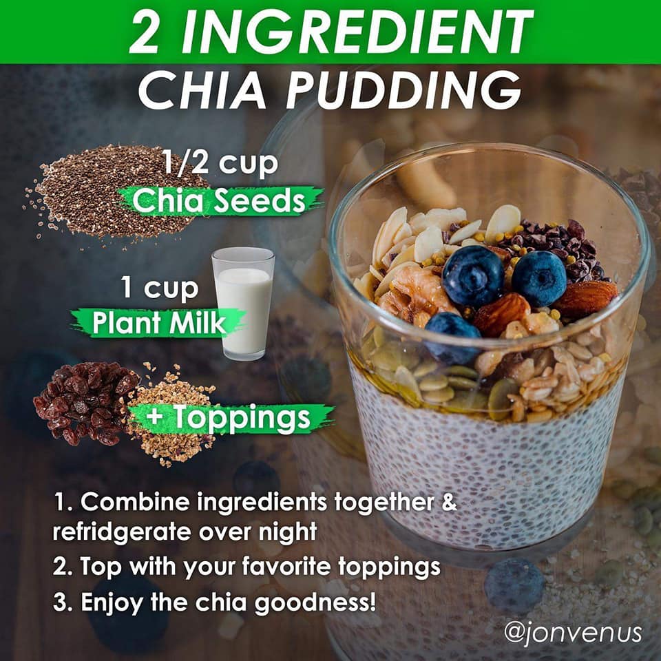 2 ingredient chia pudding, combine all ingredients together and refrigerate overnight, top with favourite toppings, chia seeds, 1 cup plant milk, vegan recipe