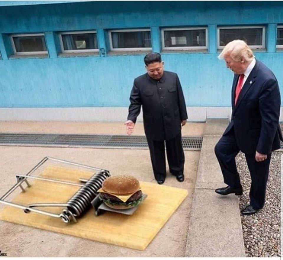 the trap is set, kim jung un presenting trump with a cheeseburger in a giant mouse trap
