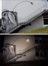 street art of anglerfish on stairs with lights at night