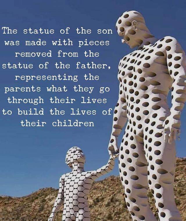the statue of the son was made with pieces removed from the statue of the father, representing the parents, what they go through their lives to build the lives of their children