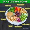 diy buddha bowl, spinach, tomatoes, tahini, beans, rice, red onion, cucumber, olives
