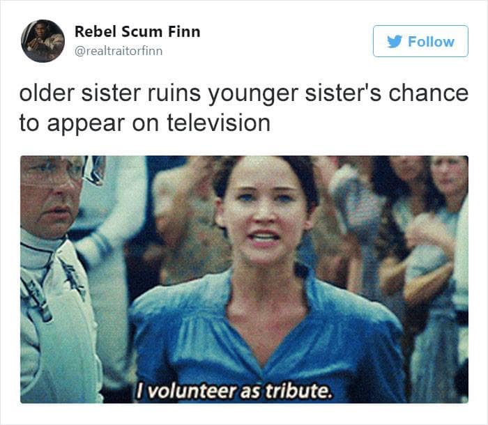 older sister ruins younger sister's change to appear on television, i volunteer as tribute