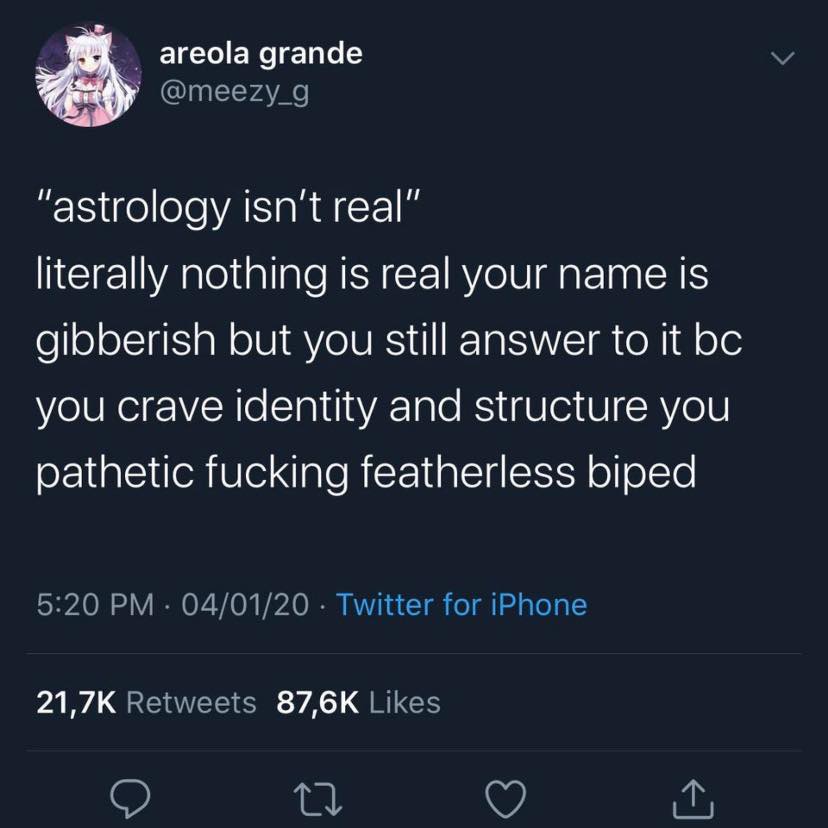 astrology isn't real, literally noting is real, your name is gibberish but you still answer to it bc you crave identity and structure you pathetic fucking featherless biped