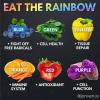 eat the rainbow, blue to fight off free radicals, green for cell health, yellow for tissue repair, orange for immune system, red for antioxidant, purple for cell function