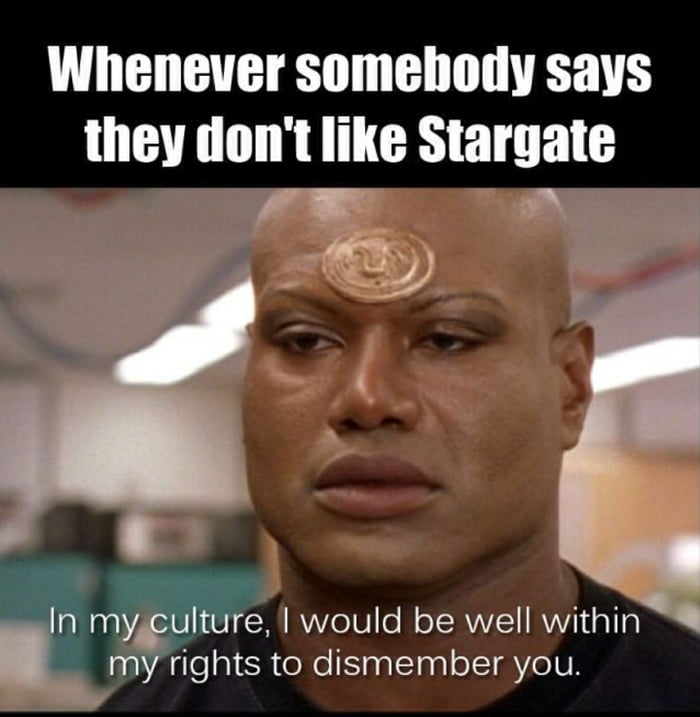 whenever somebody says they don't like stargate, in my culture i would be well within my rights to dismember you, teal'c
