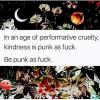 in an age of performative cruelty, kindness is punk as fuck, be punk as fuck