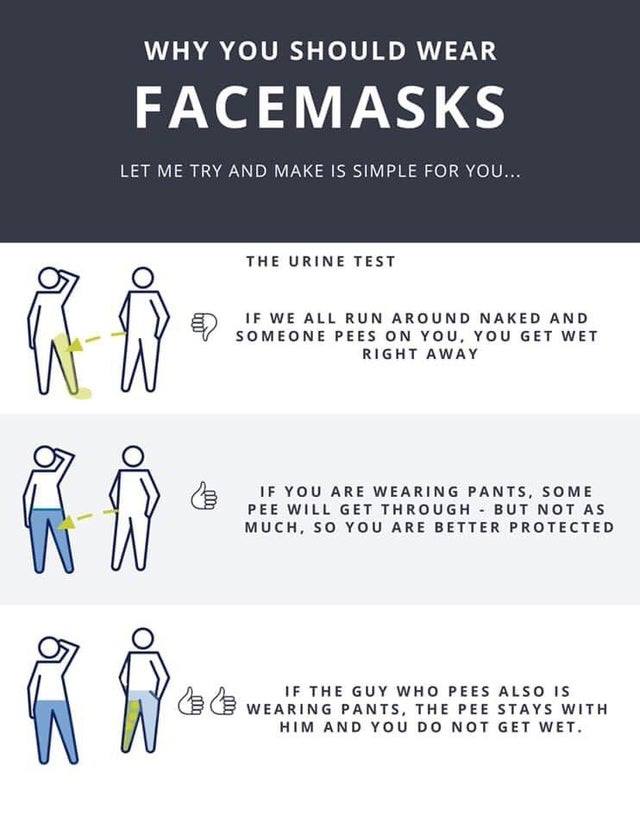 why you should wear face masks, let me make it simple for you, if the guy who pees is also wearing pants, you do not get wet