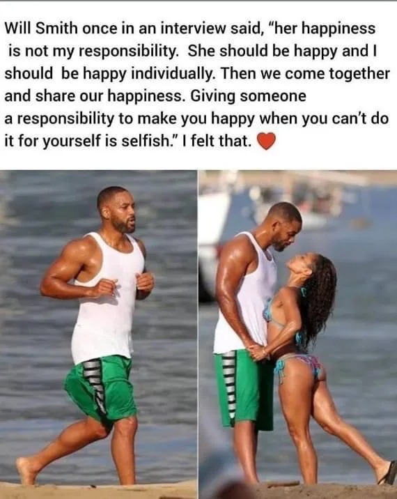 her happiness is not my responsibility, she should be happy and i should be happy individually, then we come together and share our happiness, giving someone a responsibility to make you happy when you can't do it for yourself