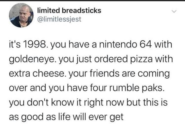 it's 1998, you have a nintendo 64 with goldeneye, you just ordered pizza with extra cheese, you don't know it right now but this is as good as life will ever get, your friends are coming over and you have four rumble paks