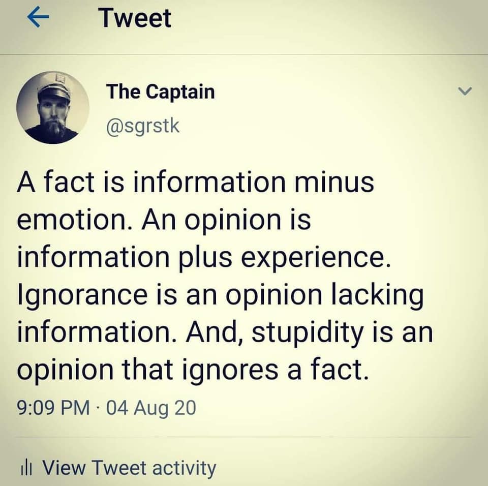 a fact is information minus emotion, an opinion is information plus experience, ignorance is an opinion lacking information, stupidity is an opinion that ignores a fact